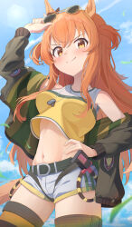 1girl absurdres animal_ears arm_up belt blush bomber_jacket breasts dog_tags eyewear_on_head hair_between_eyes hair_ornament highres horse_ears horse_girl horse_tail jacket mayano_top_gun_(umamusume) midriff navel orange_eyes orange_hair sevlhd_hero shorts sky small_breasts smile sunglasses tail thighhighs umamusume