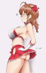 1girl absurdres akizuki_ritsuko anger_vein antenna_hair arched_back ass bare_shoulders black-framed_eyewear blush bow braid breasts brown_hair closed_eyes closed_mouth concept_maihime_(idolmaster) cowboy_shot from_side glasses gloves hair_ribbon highres hip_vent idolmaster idolmaster_(classic) idolmaster_million_live! idolmaster_million_live!_theater_days large_breasts nii_niip no_panties nontraditional_miko profile red_ribbon red_skirt ribbon ribbon-trimmed_gloves ribbon-trimmed_shirt ribbon_trim shirt simple_background skirt sleeveless sleeveless_shirt solo standing twin_braids waist_bow white_background white_gloves white_shirt