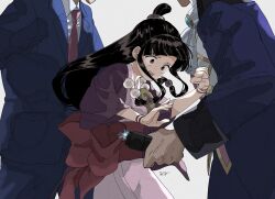 Rule 34 | 1girl, 2boys, ace attorney, ascot, badge, bead necklace, beads, black hair, black wrist cuffs, blue brooch, blue jacket, blunt bangs, bracelet, button badge, collared shirt, commentary request, electricity, hair beads, hair ornament, hanten (clothes), head out of frame, highres, holding taser, jacket, japanese clothes, jewelry, kimono, long hair, low-tied sidelocks, magatama, magatama necklace, manfred von karma, maya fey, multiple boys, multiple bracelets, necklace, necktie, obi, omen hohoho, phoenix wright, phoenix wright: ace attorney, pink kimono, purple eyes, purple jacket, red necktie, red sash, ring hair ornament, sash, shirt, sidelocks, signature, taser, topknot, white ascot, white background, white shirt, wide sleeves, wrist cuffs