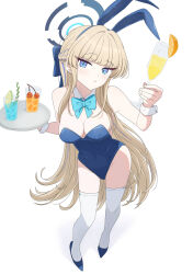 Rule 34 | 1girl, animal ears, aqua bow, aqua bowtie, bare shoulders, blonde hair, blue archive, blue eyes, blue hairband, blue halo, blue leotard, blush, bow, bowtie, breasts, cleavage, closed mouth, cup, detached collar, drinking glass, fake animal ears, hairband, hakuaiiii, halo, high heels, highleg, highleg leotard, highres, holding, holding tray, leotard, long hair, looking at viewer, medium breasts, official alternate costume, playboy bunny, rabbit ears, simple background, solo, strapless, strapless leotard, thighhighs, toki (blue archive), toki (bunny) (blue archive), tray, white background, white thighhighs, white wrist cuffs, wrist cuffs