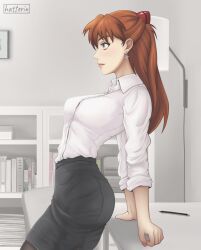 1girl absurdres alternate_costume black_skirt blue_eyes book breasts brown_hair button_gap collared_shirt cross cross_earrings earrings facing_to_the_side from_side hairpods hattorin highres indoors jewelry looking_ahead neon_genesis_evangelion office_lady pantyhose parted_lips pencil pencil_skirt shirt skirt small_breasts solo souryuu_asuka_langley table white_shirt