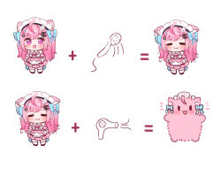 1girl :3 ahoge animal_ears bandaid bandaid_hair_ornament belt blue_bow blush bow cat cat_ears cat_girl chibi chibi_only commentary crossed_bandaids dress fish_hair_ornament ghost_hair_ornament hair_bow hair_ornament hairclip heart heart_hair_ornament indie_virtual_youtuber long_hair looking_at_viewer maid maid_headdress nikoo open_mouth paw_print pink_belt pink_bow pink_dress pink_eyes pink_hair short_sleeves simple_background smile solo_focus symbol-only_commentary two_side_up virtual_youtuber wet wet_hair white_background wing_hair_ornament yuuki_sakuna