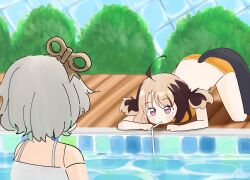 Rule 34 | ahoge, brown hair, bush, cecilia immergreen, doll joints, drinking straw, gigi murin, green hair, highres, hololive, hololive english, joints, multicolored hair, multiple girls, pink eyes, pool, short hair, tail, twintails, two-tone hair, virtual quokka, virtual youtuber, winding key