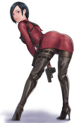 1girl ada_wong ass bent_over black_boots black_eyes black_gloves black_hair black_pantyhose bob_cut boots chest_harness commentary dress from_behind full_body gloves gun half_gloves handgun harness high_heel_boots high_heels highres holding holding_gun holding_weapon holster holstered kyuuso_inukami looking_at_viewer pantyhose parted_bangs red_sweater resident_evil resident_evil_4 resident_evil_4_(remake) short_hair smile solo standing sweater sweater_dress thigh_boots thigh_holster turtleneck turtleneck_sweater weapon white_background