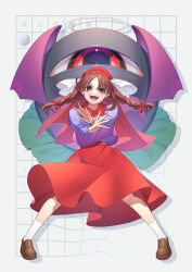 Rule 34 | 1girl, absurdres, blue shirt, braid, brown eyes, brown hair, brown shoes, evil eye sigma, ex-rika, full body, guumin, highres, long hair, long sleeves, open mouth, red skirt, rika (touhou), shirt, shoes, skirt, smile, socks, solo, touhou, touhou (pc-98), twin braids, white socks