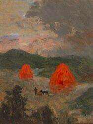 2others animal dkaism mountainous_horizon multiple_others original outdoors outstretched_arms painterly plain silhouette size_difference sunrise tent tree