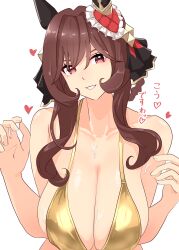 1girl absurdres alternate_costume animal_ears bikini blush braid braided_hair_rings breasts brown_hair collarbone commentary_request gentildonna_(umamusume) gold_bikini hair_rings heart highres horse_ears horse_girl kouma_(kumkouma) large_breasts long_sidelocks looking_at_viewer medium_hair sidelocks simple_background smile solo sweat swimsuit translation_request umamusume upper_body white_background