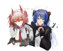 2girls arknights artist_collaboration black_gloves black_horns black_jacket blue_eyes blue_hair bright_pupils closed_mouth commentary cropped_torso de_1aw donut expressionless fiammetta_(arknights) food gloves hair_between_eyes halo hand_on_own_chin highres holding holding_donut holding_food horns jacket light_smile long_hair long_sleeves looking_at_food looking_at_viewer mostima_(arknights) multiple_girls nyapre orange_eyes orange_hair shirt short_hair simple_background sketch twitter_username watermark white_background white_pupils white_shirt yellow_halo