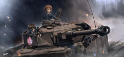 2girls absurdres akiyama_yukari anglerfish artist_name binoculars black_gloves blue_jacket brown_eyes brown_hair chinese_commentary closed_mouth commentary commentary_request day embers emblem english_commentary explosion fish girls_und_panzer gloves hand_on_own_neck headphones highres holding holding_binoculars jacket kk90 long_sleeves military_uniform military_vehicle mixed-language_commentary motor_vehicle multiple_girls nishizumi_miho ooarai_(emblem) ooarai_military_uniform open_mouth outdoors panzer_iv revision short_hair signature smoke tank throat_microphone undershirt