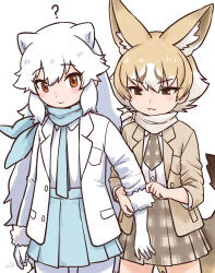 2girls :&gt; :3 ? alternate_costume animal_ears arctic_fox_(kemono_friends) blonde_hair blue_necktie blue_scarf blue_skirt blush brown_eyes brown_hair brown_necktie brown_skirt cowboy_shot elbow_gloves extra_ears fox_ears fox_girl fox_tail fur_trim gloves hair_between_eyes highres jacket kemono_friends kit_fox_(kemono_friends) long_hair multicolored_hair multiple_girls necktie orange_eyes pantyhose plaid_clothes plaid_necktie plaid_skirt pleated_skirt rumenia_(ao2is) scarf shirt short_hair sidelocks skirt tail white_fur white_gloves white_hair white_jacket white_pantyhose white_scarf white_shirt