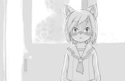 1girl 1other body_fur cat_girl furry furry_female greyscale indoors kikurage_(crayon_arts) looking_at_viewer monochrome original school_uniform serafuku short_hair solo upper_body