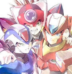 3boys adapted_costume android armor axl_(mega_man) black_armor black_helmet blonde_hair blue_armor blue_eyes brown_hair chest_jewel cross_scar forehead_jewel fujino_yuuki green_eyes grey_background helmet long_hair male_focus mega_man_(series) mega_man_x_(series) multiple_boys one_eye_closed parted_lips red_armor red_helmet scar scar_on_face simple_background smile spiked_hair teeth upper_body x_(mega_man) zero_(mega_man)