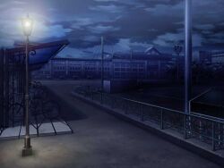 artist_request baseball_field bicycle bicycle_rack cloud dark game_cg lamppost magia_record:_mahou_shoujo_madoka_magica_gaiden mahou_shoujo_madoka_magica night night_sky no_humans official_art outdoors railing scenery school shade sky tree