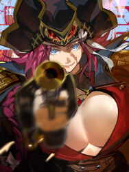 1girl belt black_coat black_hat blue_eyes braid breasts cleavage coat fate/grand_order fate_(series) francis_drake_(fate) grin gun hat highres large_breasts long_hair looking_at_viewer parted_bangs pink_hair pirate_hat red_vest scar scar_on_face smile solo suzuhi_(fullprayer) vest weapon wrist_cuffs