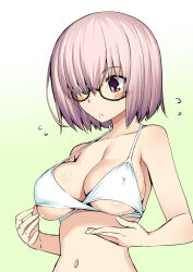 1girl alternate_costume bare_arms bare_shoulders bikini bikini_top_only black-framed_eyewear blush breasts cleavage clothing_cutout collarbone commentary_request covered_erect_nipples embarrassed fate/grand_order fate_(series) flying_sweatdrops glasses gradient_background hair_between_eyes mash_kyrielight medium_breasts namonashi navel purple_eyes semi-rimless_eyewear shiny_skin solo stomach swimsuit under-rim_eyewear underboob underboob_cutout upper_body white_bikini
