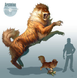 Rule 34 | absurdres, animal nose, arcanine, arvalis, black claws, black fur, blue background, blue eyes, breath weapon, breathing fire, character name, closed mouth, deviantart username, digitigrade, english text, evolutionary line, fangs, fire, from side, gen 1 pokemon, gen 4 pokemon, gradient background, growlithe, hand on another&#039;s back, height, height chart, highres, jumping, lion mane, looking at another, looking down, nintendo, open mouth, orange fur, pokedex number, pokemon, pokemon (creature), pokemon focus, profile, realistic, rearing, roaring, shadow, sharp teeth, signature, silhouette, snout, sparks, tail, teeth, tiger stripes, turtle shell, turtwig, two-tone fur, whiskers, white background, white fur, white tail