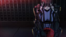 1girl bare_shoulders blue_bodysuit bodysuit breasts brown_hair clothing_cutout collarbone covered_collarbone dim_lighting exoskeleton frown fukuda_tomonori game_cg hair_over_eyes hair_over_shoulder helmet highres holding holding_helmet indoors large_breasts long_hair mature_female medium_breasts non-web_source official_art parted_bangs robotics;notes senomiya_misaki shaded_face shoulder_cutout sitting solo vertical-striped_bodysuit