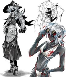 1girl 3rdeye_suki adjusting_eyewear apron bikini black_eyes blood blood_in_hair blood_on_clothes blood_on_ears blood_on_eyewear blood_on_face blood_on_hands bow braid dark-skinned_female dark_skin dress eye_focus eyewear_on_head greyscale hair_between_eyes hair_bow hand_on_own_hip hat hat_bow hatching_(texture) highres hunched_over kirisame_marisa looking_at_viewer looking_up monochrome multiple_views navel no_mouth no_nose ponytail shaded_face shadow side_braid simple_background single_braid solo standing sunglasses swimsuit touhou touhou_igyoukyo variant_marisa waist_apron wet white_background white_bikini witch_hat