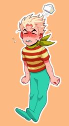 Rule 34 | 1boy, angry, aqua pants, aqua shoes, arms at sides, blonde hair, blush, cosplay, diamond wa kudakenai, dixie cup hat, flapjack (cosplay), flapjack (the marvelous misadventures of flapjack), hat, highres, hirose koichi, jojo no kimyou na bouken, male focus, military hat, neckerchief, onesie, pants, parody, shirt, shoes, solo, striped clothes, striped shirt, sweat, tariah furlow, the marvelous misadventures of flapjack, white hat