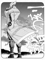 1boy cowboy cowboy_fringe cowboy_hat cyborg from_behind hat hat_tip highres kazeya_kazuya kinnikuman long_coat mask pessimiman solo translated twitter_username western