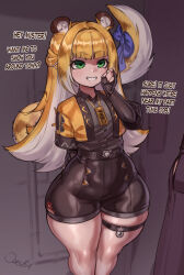 1girl animal_ear_fluff animal_ears black_thighlet blonde_hair blunt_bangs colored_inner_hair fingerless_gloves gloves green_eyes grin highres jacket ju_fufu long_hair multicolored_hair ourobot smile solo tail thick_thighs thigh_strap thighs tiger_ears tiger_girl tiger_tail wide_hips zenless_zone_zero