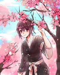black_kimono bleach blue_ribbon blush brown_eyes brown_hair bun_cover cherry_blossoms falling_petals hair_bun hinamori_momo japanese_clothes kimono light_smile looking_at_viewer petals qhqm ribbon short_hair sidelocks