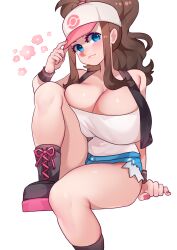 1girl bare_shoulders baseball_cap blue_eyes blush boots breasts brown_hair cleavage creatures_(company) denim denim_shorts female_focus flower game_freak hat hilda_(pokemon) huge_breasts jacket long_hair looking_at_viewer micro_shorts nail_polish nintendo pink_nails pokemon pokemon_bw ponytail shiny_skin shirt shorts sitting smile solo sumisumii tank_top thick_thighs thighs white_background white_shirt wrist_cuffs