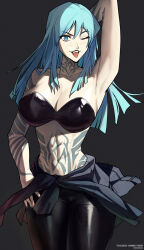 Rule 34 | 1girl, arm behind head, arm tattoo, armpits, black background, black pants, blue eyes, blue hair, breasts, collarbone, commentary, commission, devil summoner: soul hackers, devil summoner (series), english commentary, eyelashes, highres, large breasts, madoro q, nemissa, one eye closed, pants, simple background, solo, stomach tattoo, tattoo, tongue, tongue out, vgen commission