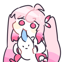._. 1girl :3 absurdres ahoge biting chibi chibi_only chilling_hedgehog_(elsword) closed_mouth commentary dated_commentary dress elsword g4ori hair_ribbon highres holding laby_(elsword) long_hair long_sleeves pink_dress pink_eyes pink_hair pink_ribbon radiant_soul_(elsword) ribbon simple_background solid_circle_eyes solo twintails two-tone_dress two-tone_ribbon white_background white_dress white_ribbon