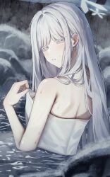1girl absurdres blue_archive colored_eyelashes halo highres long_hair nagusa_(blue_archive) naked_towel oiru_(613) parted_lips partially_submerged solo towel upper_body water wet white_eyelashes white_eyes white_hair white_halo