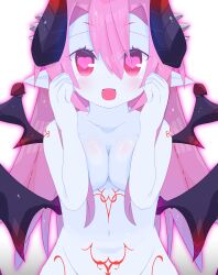 1girl absurdres asmodeus_(eco) blue_skin body_markings breasts cleavage colored_skin demon_girl demon_horns demon_wings emil_chronicle_online highres horns large_breasts looking_at_viewer navel nude open_mouth pink_hair pointy_ears red_eyes white_background wings yuzujampot