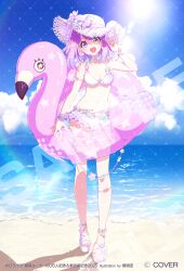 1girl anklet armlet bikini bikini_skirt blue_sky bracelet breasts cleavage cloud commentary_request copyright_notice day frilled_bikini frilled_thigh_strap frills full_body gradient_hair green_eyes halterneck hat heterochromia himemori_luna himemori_luna_(summer) hololive inflatable_flamingo jewelry looking_at_viewer mamyouda medium_breasts medium_hair multicolored_hair navel ocean official_alternate_costume official_alternate_hair_length official_alternate_hairstyle official_art outdoors pink_hair polka_dot polka_dot_bikini purple_bikini purple_eyes purple_hair sample_watermark sandals sky smile solo standing stomach sun_hat swimsuit thigh_strap virtual_youtuber watermark