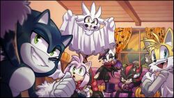 Rule 34 | 2girls, 4boys, aideneye99, alternate costume, amy rose, animal ears, black fur, black gloves, blue eyes, blue fur, elbow gloves, ghost costume, gloves, green eyes, halloween, halloween costume, highres, indoors, multiple boys, multiple girls, pink fur, red eyes, red fur, rouge the bat, shadow the hedgehog, silver the hedgehog, sitting, sonic (series), sonic the hedgehog, tails (sonic), two-tone fur, white fur, white gloves, yellow fur