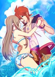 1boy 1girl abs bare_shoulders bikini blue_bikini blue_sky brown_hair closed_mouth cloud cloudy_sky commentary_request couple feet_out_of_frame floral_print from_side green_eyes halterneck hand_on_another&#039;s_waist holding_hands interlocked_fingers jewelry komegura long_hair looking_at_another luke_fon_fabre male_swimwear multicolored_bikini necklace official_alternate_costume open_clothes open_mouth outdoors print_bikini red_hair short_hair side-tie_bikini_bottom sidelocks sky sleeveless smile standing stomach summer swim_trunks swimsuit tales_of_(series) tales_of_the_abyss tear_grants two-tone_bikini white_bikini