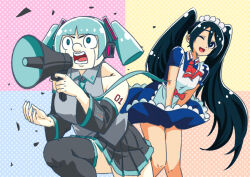 2girls apron artist_request boku_to_roboco bow clothes_lift cosplay costume_switch crossover dress dress_lift eyelashes facial_mark green_eyes green_hair hatsune_miku hatsune_miku_(cosplay) highres long_hair looking_at_viewer maid maid_apron maid_headdress multiple_girls muscular muscular_female one_eye_closed parody roboco_(boku_to_roboco) roboco_(boku_to_roboco)_(cosplay) robot robot_girl skirt skirt_lift smile solo style_parody translation_request twintails very_long_hair vocaloid wink