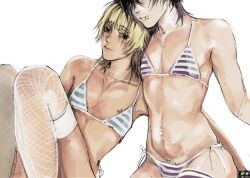 2boys bikini black_eyes black_hair blonde_hair crossdressing fishnet_thighhighs fishnets gradient_hair highres lip_piercing mole mole_on_arm mole_on_neck mole_on_pectoral mole_on_stomach mole_on_thigh multicolored_hair multiple_boys multiple_moles narrow_waist navel_piercing nipple_piercing nipple_slip nipples original piercing pubic_hair pubic_hair_peek purple_hair striped_bikini striped_clothes swimsuit thighhighs v3raxyy yaoi