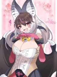 Rule 34 | 1girl, animal ears, bat ears, bat girl, bat wings, breasts, brown eyes, brown hair, brown long-eared bat (kemono friends), cleavage, elbow gloves, extra ears, gloves, grey hair, heart, highres, kemono friends, kemono friends v project, kiryu (rnrwbhybsxj4qgk), large breasts, leotard, long hair, looking at viewer, microphone, multicolored hair, pantyhose, pink background, simple background, skirt, solo, streaked hair, virtual youtuber, wings