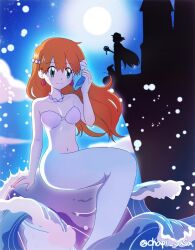 1boy 1girl ash_ketchum bare_arms bikini blue_eyes blush breasts castle chapi_sasa closed_mouth cloud collarbone earrings full_moon gem gen_1_pokemon green_eyes hair_between_eyes hair_down hair_ornament hand_up holding jewelry long_hair mermaid mermaid_misty_(pokemon) misty_(pokemon) monster_girl monsterification moon navel necklace night night_sky nintendo orange_hair outdoors pearl_(gemstone) pearl_necklace pikachu pokemon pokemon_(anime) pokemon_rgby seashell shell shell_bikini sitting sky smile staff swimsuit underwater water waves