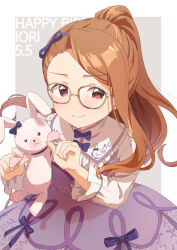 1girl asymmetrical_bangs bespectacled blue_bow blush border bow bow_hairband brown_hair character_name child closed_mouth commentary_request cowboy_shot curtained_hair dated dress dress_bow floating_hair floral_print frilled_shirt_collar frills glasses grey_background hair_bow hairband hands_up happy_birthday high_ponytail highres holding holding_stuffed_toy idolmaster idolmaster_million_live! idolmaster_million_live!_theater_days leaning_forward long_hair long_sleeves looking_at_viewer minase_iori outside_border pinafore_dress ponytail print_dress purple_dress purple_hairband red_eyes shirt simple_background sleeveless sleeveless_dress smile solo split_mouth stuffed_animal stuffed_rabbit stuffed_toy twitter_username usa-chan_(idolmaster) usagichama very_long_hair white_border white_shirt yellow-framed_eyewear