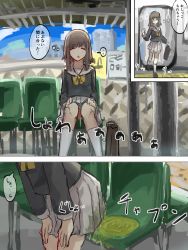 1girl absurdres bag brown_hair change_in_common_sense desperate ewokakuni highres original peeing peeing_self public_indecency puddle relief school_bag school_uniform skirt train train_station you&#039;re_doing_it_wrong