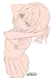 1girl adjusting_hair bow bowtie check_copyright collared_shirt copyright_request cowboy_shot dated hair_ribbon happy highres long_hair miniskirt monochrome orange_theme original pleated_skirt ponytail ribbon school_uniform shirt short_ponytail short_sleeves simple_background skirt solo twitter_username unasaka_ryou white_background
