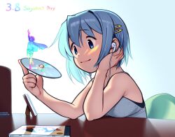 1girl alternate_costume bare_arms bare_shoulders bean_bag_chair black_bra blue_background blue_eyes blue_hair bra casual cd cd_case character_name closed_mouth commentary dated dot_nose earbuds earphones elbows_on_table english_commentary english_text figure gloamy gradient_background grey_tank_top hair_between_eyes hair_ornament hairclip highres holding_cd imagining indoors lens_flare lips listening_to_music looking_at_object mahou_shoujo_madoka_magica mahou_shoujo_madoka_magica_(anime) miki_sayaka on_chair picture_frame pink_lips shadow short_hair sitting smile solo tank_top tareme underwear upper_body white_background