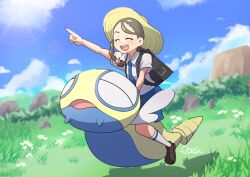 1girl :d backpack bag blue_necktie blue_shorts brown_hair brown_shoes closed_eyes cloud collared_shirt commentary_request day dunsparce eyelashes gen_2_pokemon grass happy hat juliana_(pokemon) necktie nintendo oooise open_mouth outdoors pointing pokemon pokemon_(creature) pokemon_sv riding riding_pokemon shirt shoes short_sleeves shorts sitting sky smile socks teeth tongue upper_teeth_only yellow_hat