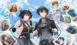 1boy 1girl abby_(wuthering_waves) absurdres black_bow black_dress black_gloves black_hair black_jacket blue_sky bow breasts camera commentary cross-laced_clothes cross-laced_dress day dress dual_persona elbow_pads english_commentary female_rover_(wuthering_waves) gloves grey_shirt hair_bow hand_on_own_hip highres holding holding_camera jacket large_breasts male_rover_(wuthering_waves) open_mouth outdoors photo_(object) rover_(wuthering_waves) saltyz shirt sky sleeveless sleeveless_dress sleeves_rolled_up smile wuthering_waves yellow_eyes