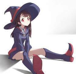 1girl arms_between_legs between_legs blue_boots blue_hat boots brown_hair closed_mouth commentary hand_between_legs hat highres kagari_atsuko knee_boots large_hat little_witch_academia long_hair long_sleeves looking_at_viewer luna_nova_school_uniform red_eyes school_uniform shirt simple_background sitting solo spread_legs sukaliya white_background white_shirt witch_hat