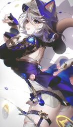 1girl absurdres animal_ears animal_hood belt blue_eyes blue_hood breasts cat_ears cat_girl cat_hood cat_tail cipher_(honkai:_star_rail) coin commentary eskm00 fang from_side gold_coin grey_hair highres honkai:_star_rail honkai_(series) hood paw_pose short_hair shorts simple_background skin_fang symbol-only_commentary tail thigh_belt thigh_strap thighs white_background white_shorts