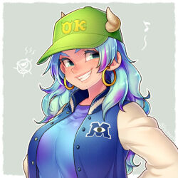 1girl black_jacket blue_hair blue_shirt blush earrings eyelashes genderswap genderswap_(mtf) green_eyes green_hat grey_background grin hat hoop_earrings horned_hat jacket james_p._sullivan jewelry kiri_futoshi letterman_jacket long_hair long_sleeves looking_at_viewer mike_wazowski monsters_inc. musical_note shirt smile solo upper_body