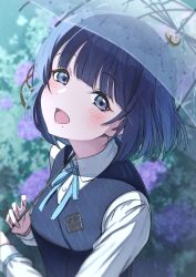 Rule 34 | 1girl, absurdres, blurry, blurry background, flower, gakuen idolmaster, hataya misuzu, highres, holding, holding umbrella, idolmaster, looking at viewer, mole, mole under eye, mole under mouth, open mouth, osoba susurukun, rain, school uniform, shirt, short hair, smile, solo, umbrella, upper body, white shirt
