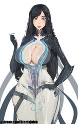 Rule 34 | 1girl, artist name, black hair, breasts, cleavage, cleavage cutout, clothing cutout, collarbone, dr octojuice, female focus, hand on own hip, highres, large breasts, lips, long hair, looking at viewer, patreon username, raven (stellar blade), simple background, skin tight, standing, stellar blade, white background