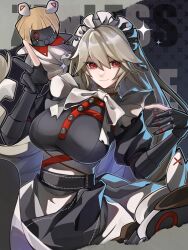 Rule 34 | 1girl, alexandrina sebastiane, anastella (zenless zone zero), black dress, black gloves, breasts, chrys3, dress, drusilla (zenless zone zero), gloves, grey hair, hair between eyes, highres, large breasts, long hair, looking at viewer, maid, maid headdress, partially fingerless gloves, red eyes, simple background, smile, solo, very long hair, zenless zone zero